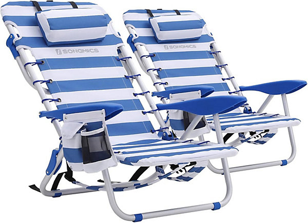 Chaise de plage portable lot de 2, dossier inclinable, pochette, rayures bleues et blanches
