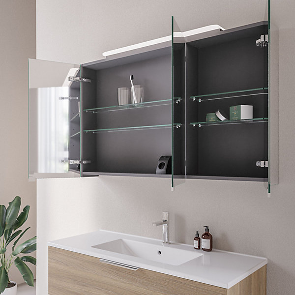 Amoire de toilette suspendue 120x19x72,5cm (LxPxH), 3 portes mirroir, éclairage LED   prise électrique, Charnières mobiles, NEO