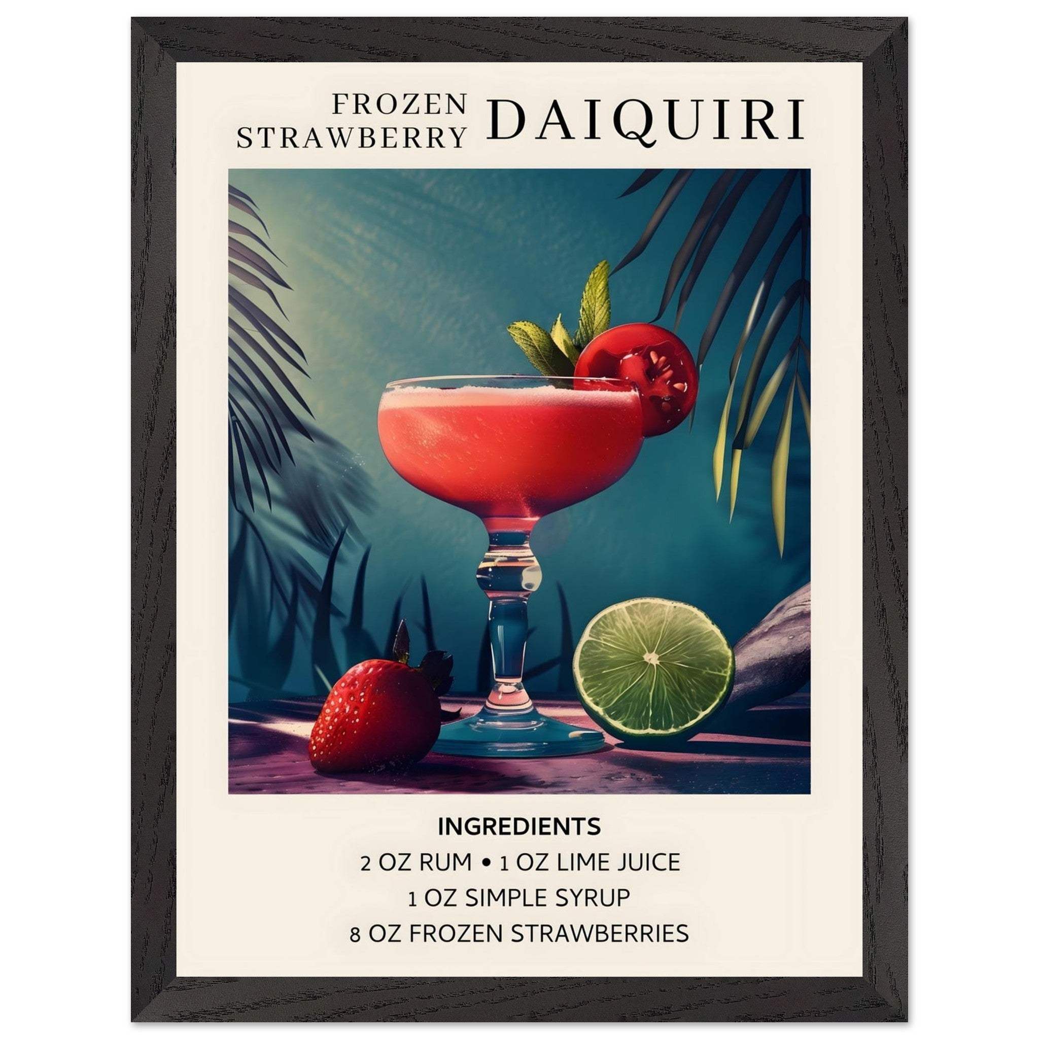 Artfulprints Poster met Lijst Frozen Strawberry Daiquiri cocktail - Ingrediënten  - 30x40 cm - Meerkleurig