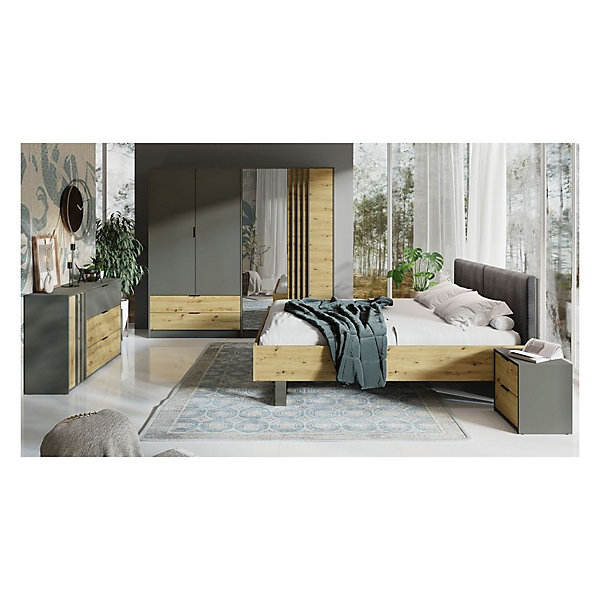 Commode design 3 tiroirs et 1 porte. Collection IZO coloris gris anthracite et chene clair.
