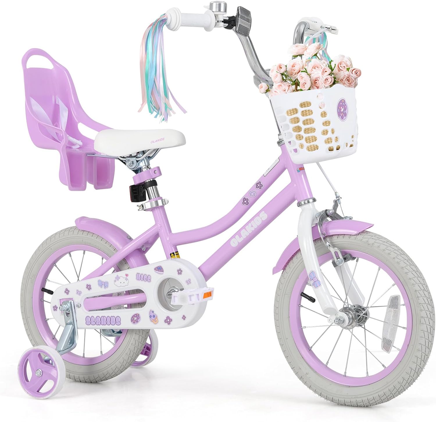 Olakids Kids Bike, 12 14 16 18 20 Inch Toddlers Bike with Doll Seat Basket Adjustable Seat and Handlebar, Handbrake and Coaster Brake, Children's Bicycle for Girls