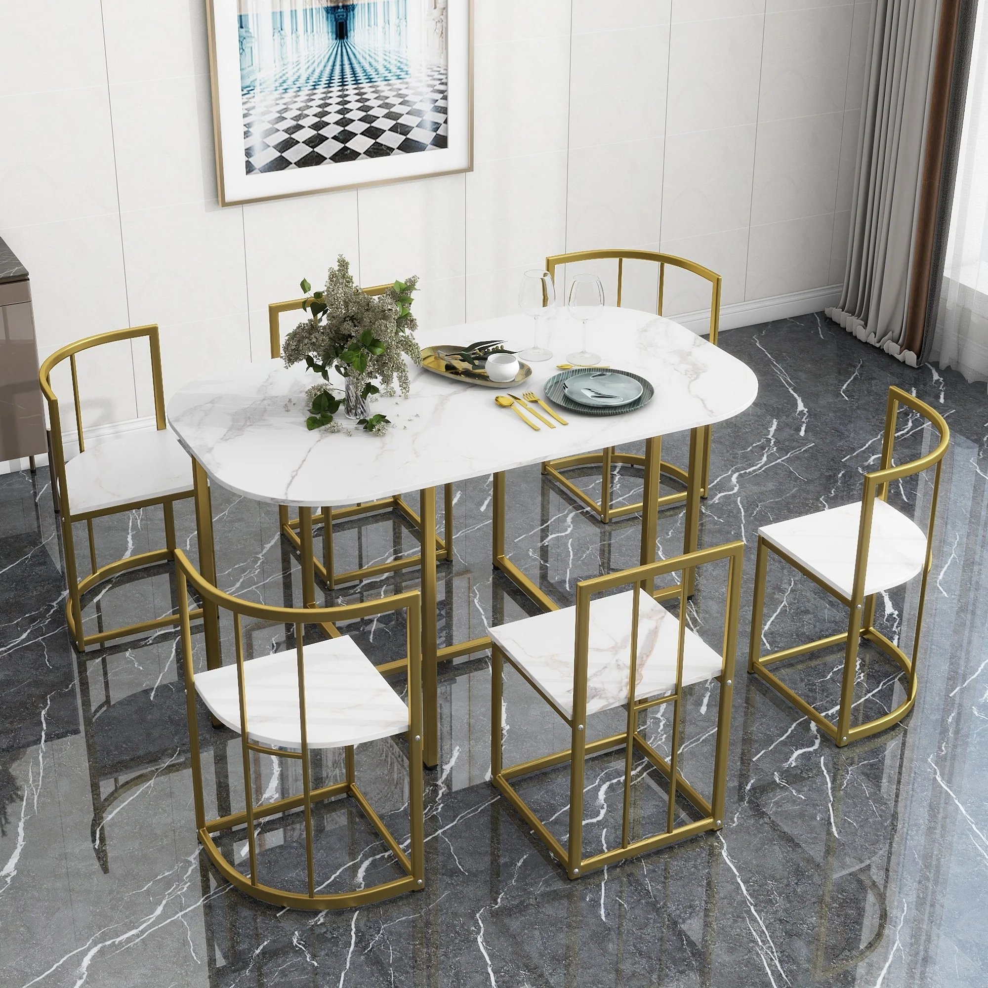 7-Piece Metal Frame Dining Table Set with Half-Round Table & 6 Chairs