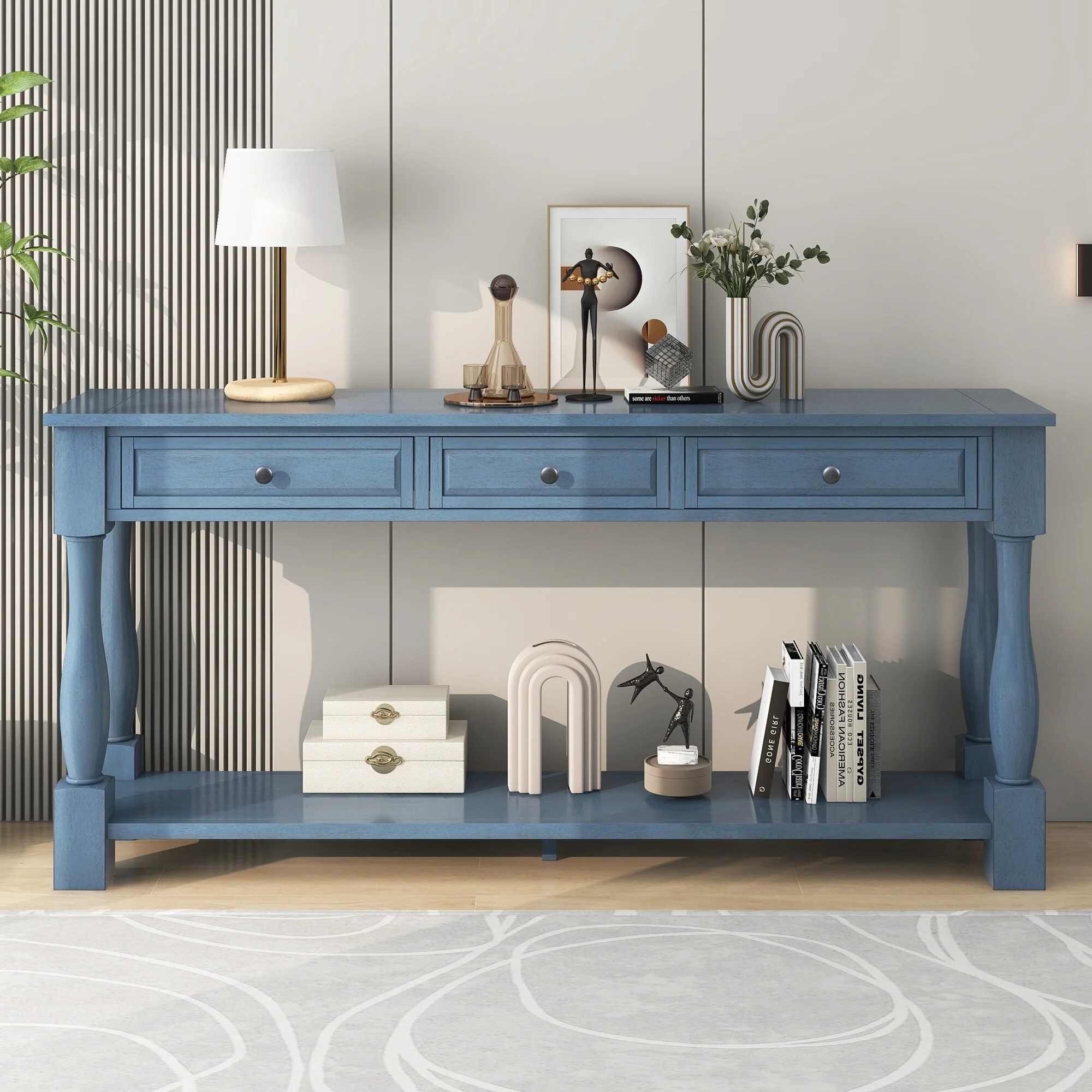 Mediterranean Console Table with 3 Storage Drawers and Open Bottom Shelf for Home Entryway and Hotel