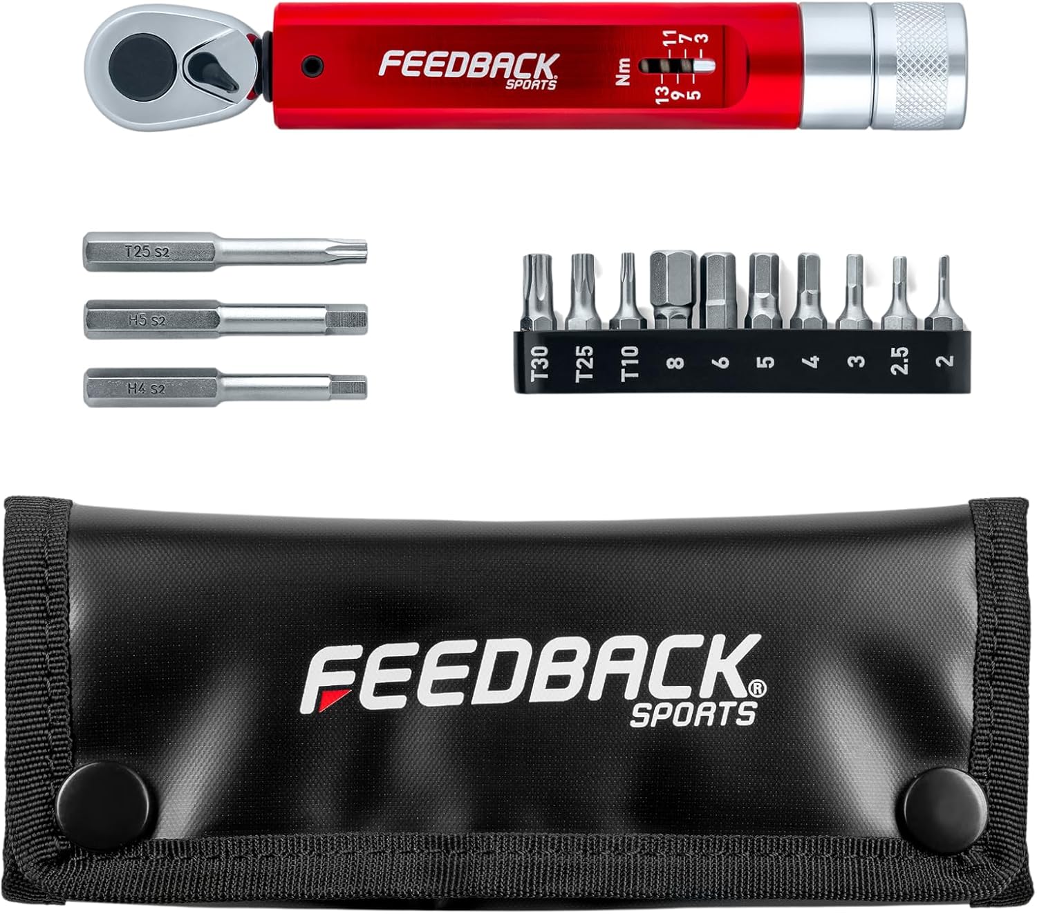 Feedback Sports | Range Click Torque Wrench Set | Adjustable Torque Ratchet Bit Driver [2-14Nm] | 13 S2 Steel Hex & Torx Bits | TPU Protective Carrying Case | Bicycle Tool Kit | Mini Torque Wrench