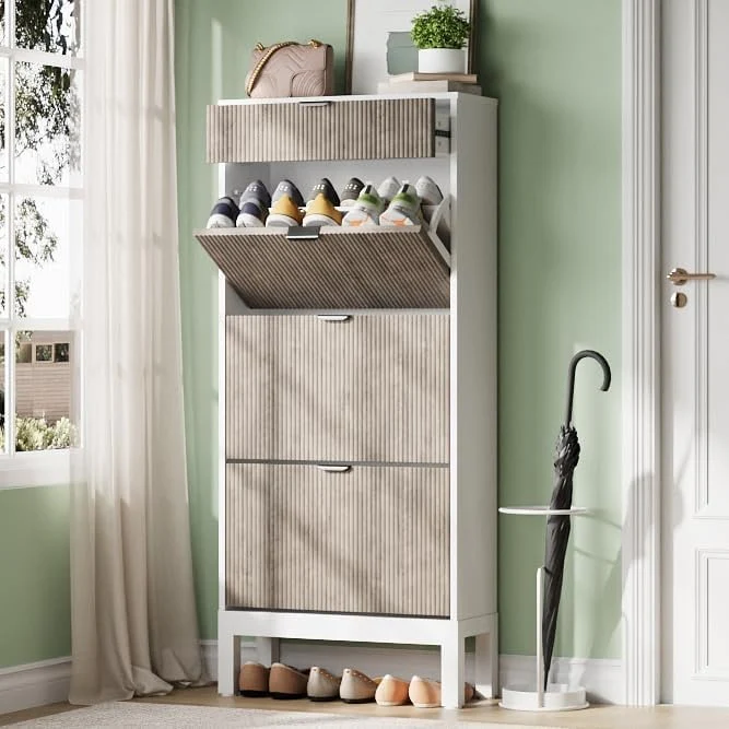 Shoe Storage Cabinet with 3 Flip Drawers, Fluted Shoe Organizer with Metal Legs