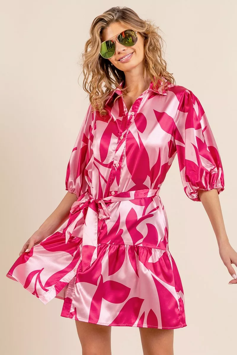 Leaf Pattern Collared Satin Dress