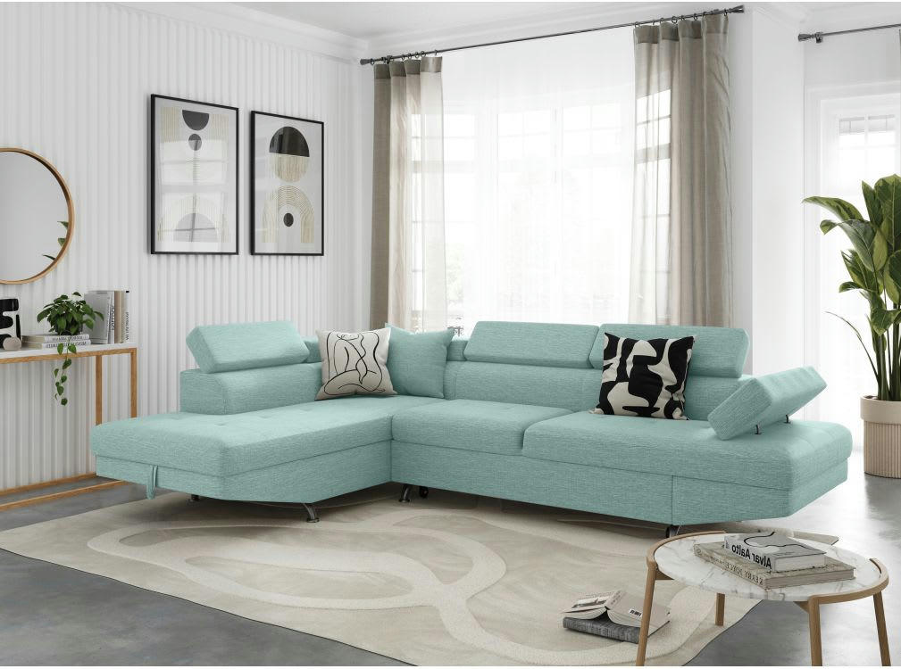 RIO - Canapé angle gauche convertible avec coffre en tissu - Bleu clair