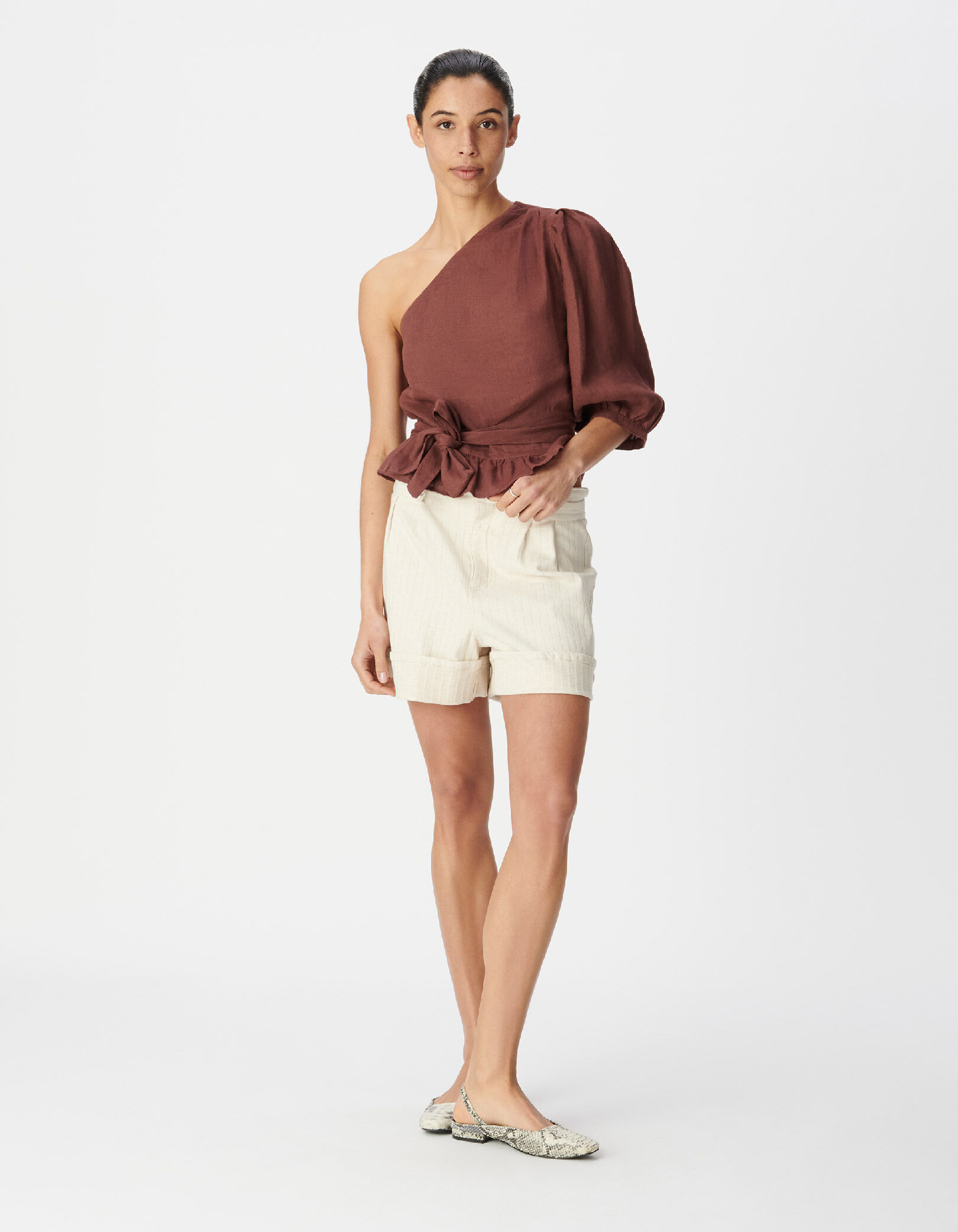 Top asymétrique bordeaux lin à basque Femme