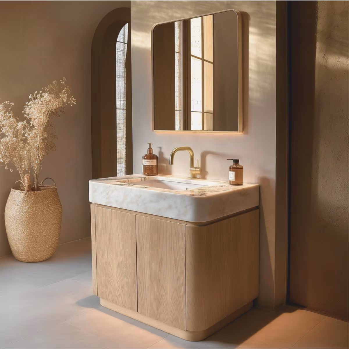 Curved Oak Bathroom Vanity | Freestanding Sink Cabinet | Mid-Century Modern Stael | Custom 30–90”