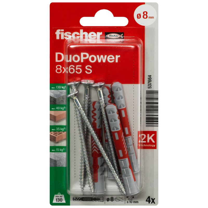 Cheville DuoPower S en nylon avec collerette et vis Ø 8 x 65 mm 4 pièces