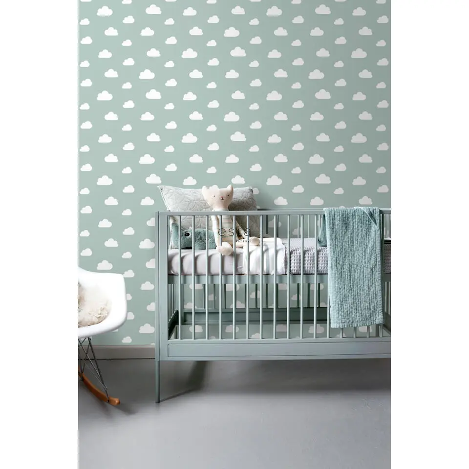 ESTAhome behang wolkjes vergrijsd mintgroen - 53 cm x 10.05 m