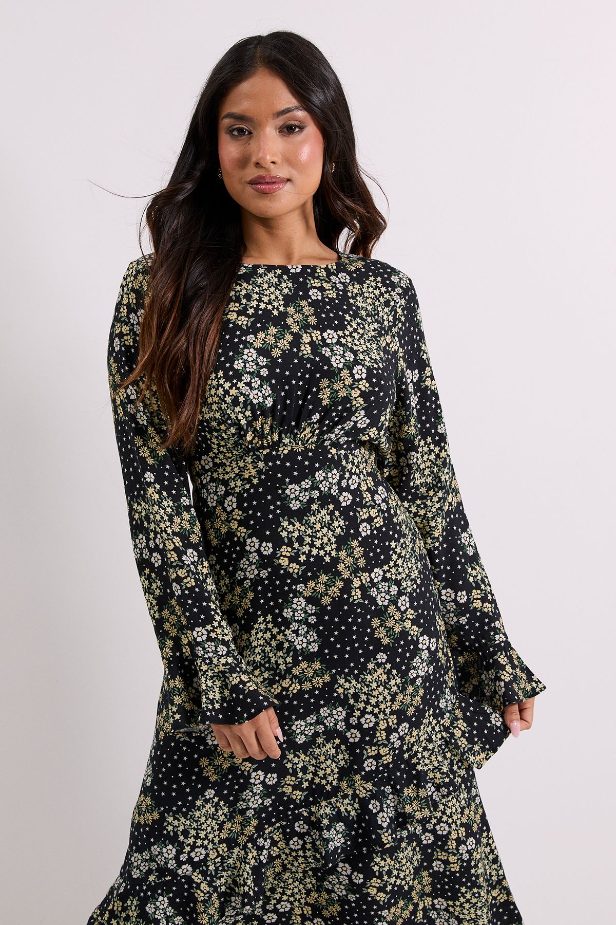 Dorothy Perkins Petite Frill Sleeve Ruffle Detail Printed Midi Dress