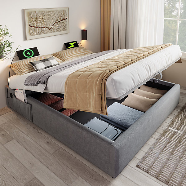 Lit Coffre Double 160x200 cm avec Coffre de Rangement et Port USB-C, Cadre Bois Massif et Coton Gris, Sans Matelas