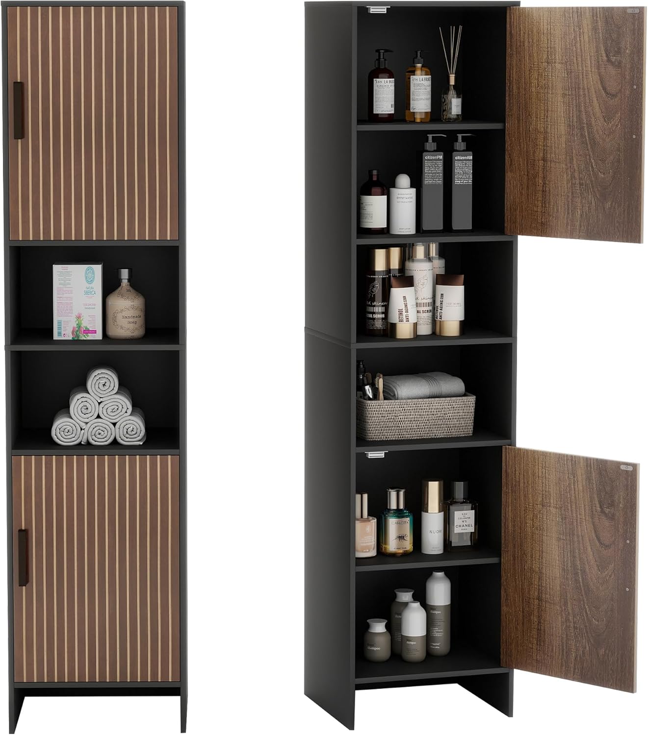 Tall Storage Cabinet, 13.15 Inch Narrow Bathroom Cabinet with USB Magnetic Light, Open Shelf, Magnetic Doors, 2 Adjustable Shelves, Anti-Tip Kit for Small Spaces, Living Room, Black, 57.1 H