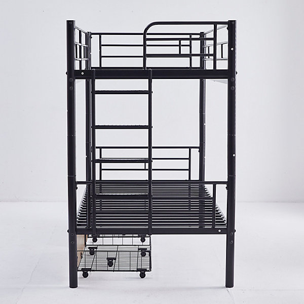 Lit superposé métal 90x200cm pour 2 enfants avec 2 tiroirs, garde-corps, convertible, noir