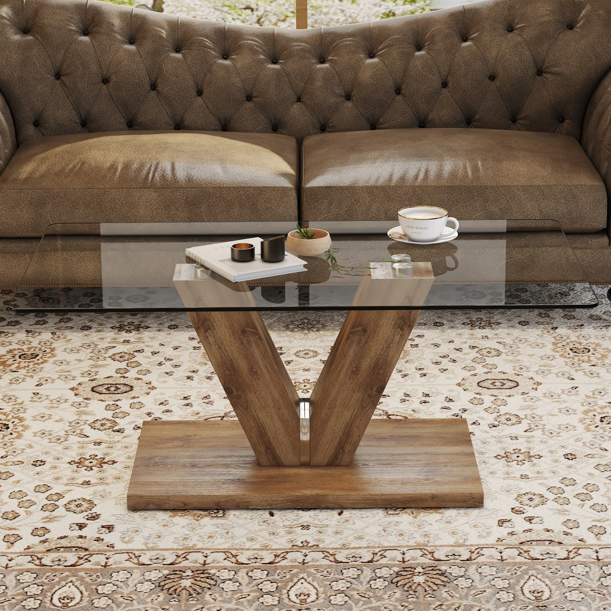Modern Minimalist Style Coffee Table. Transparent Tempered Glass Tabletop With Wooden Mdf Columns