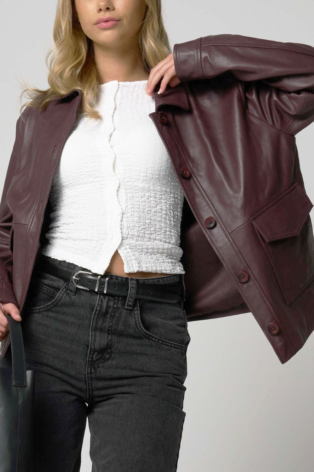 Barneys Originals Burgundy Leather Utility Jacket