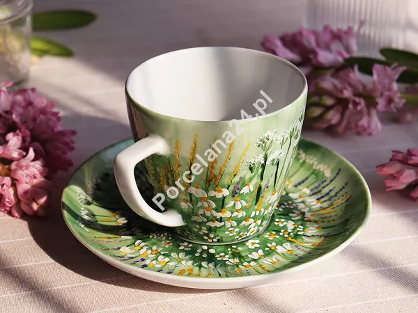 Filiżanka ze spodkiem 0,35 L / 17 cm ręcznie malowana - Łąka jasnozielona (9) DA.FS35-9