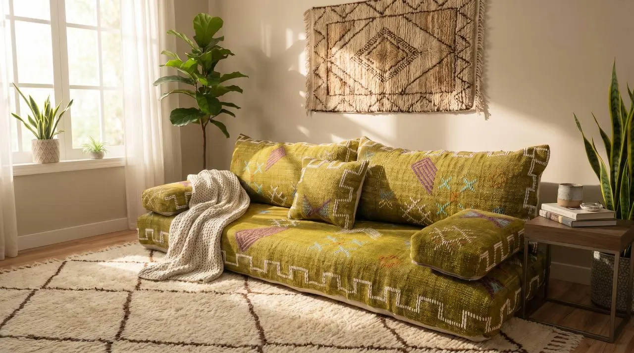 Moroccan Sofa Handmade | Green Berber Floor Couch | Boho Lounge Furniture | Moroccan Living Room Sofa | Handmade Low Seating