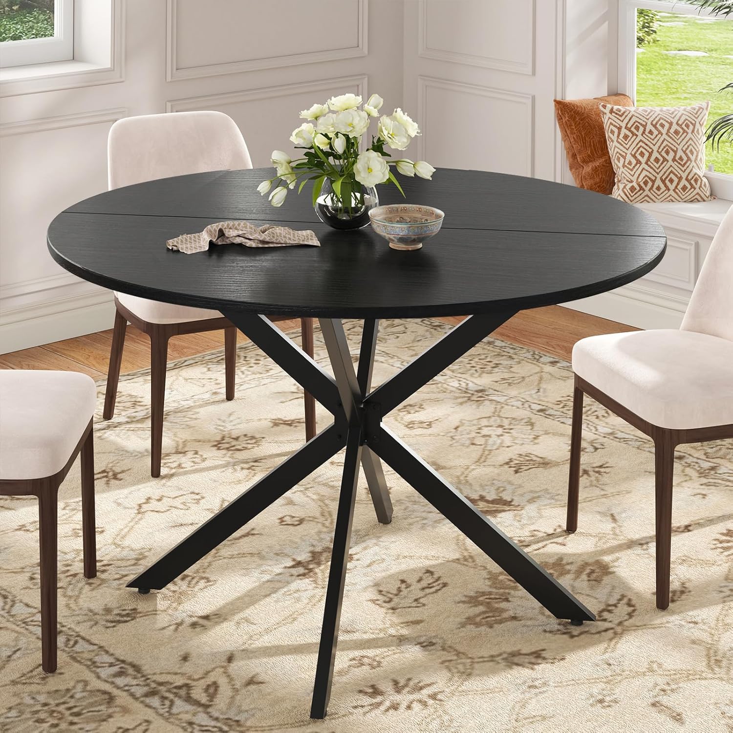 Unovivy 47 Inch Round Dining Table for 4, Space Saving Circle Dining Table with Pedestal Metal Frame, Industrail Modern Round Kitchen Table for Living & Dining Room, Black