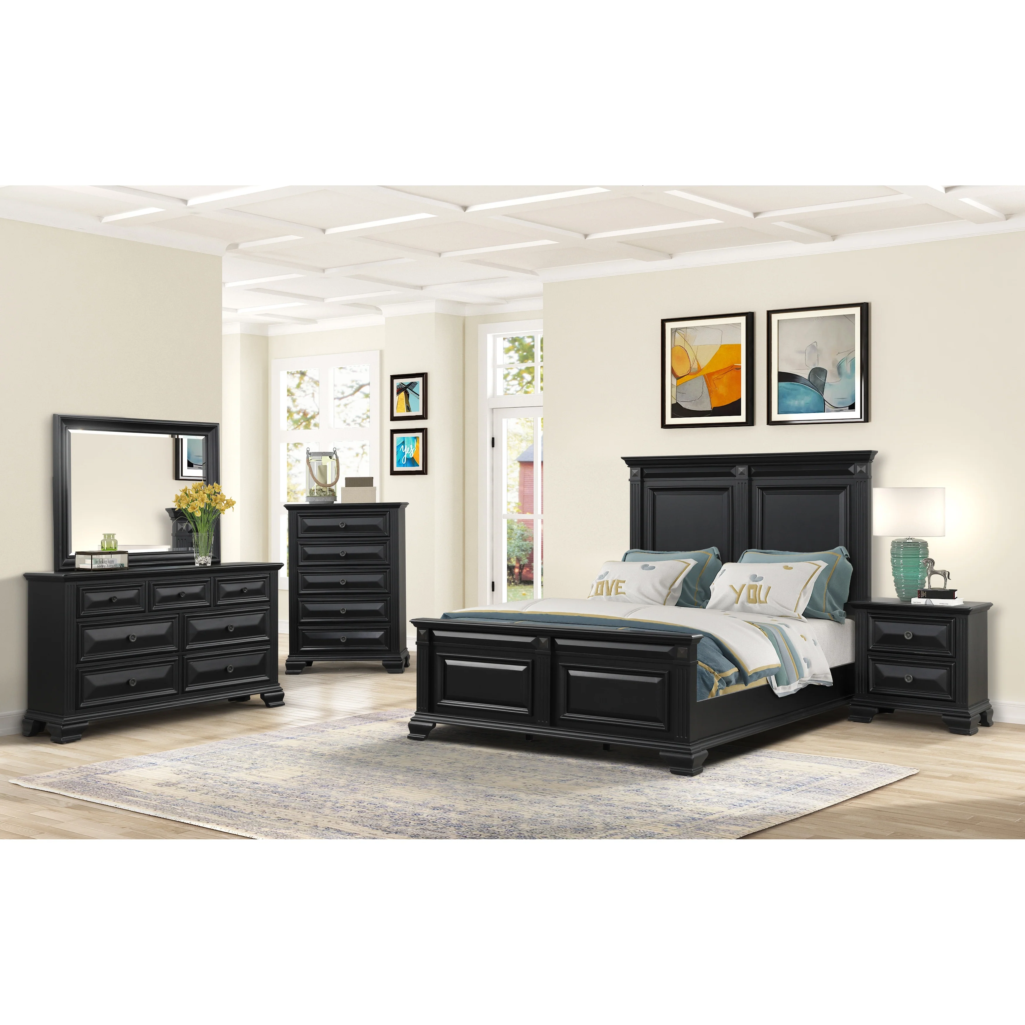 Roundhill Furniture Renova Vintage Black Wood Panel Bedroom Set