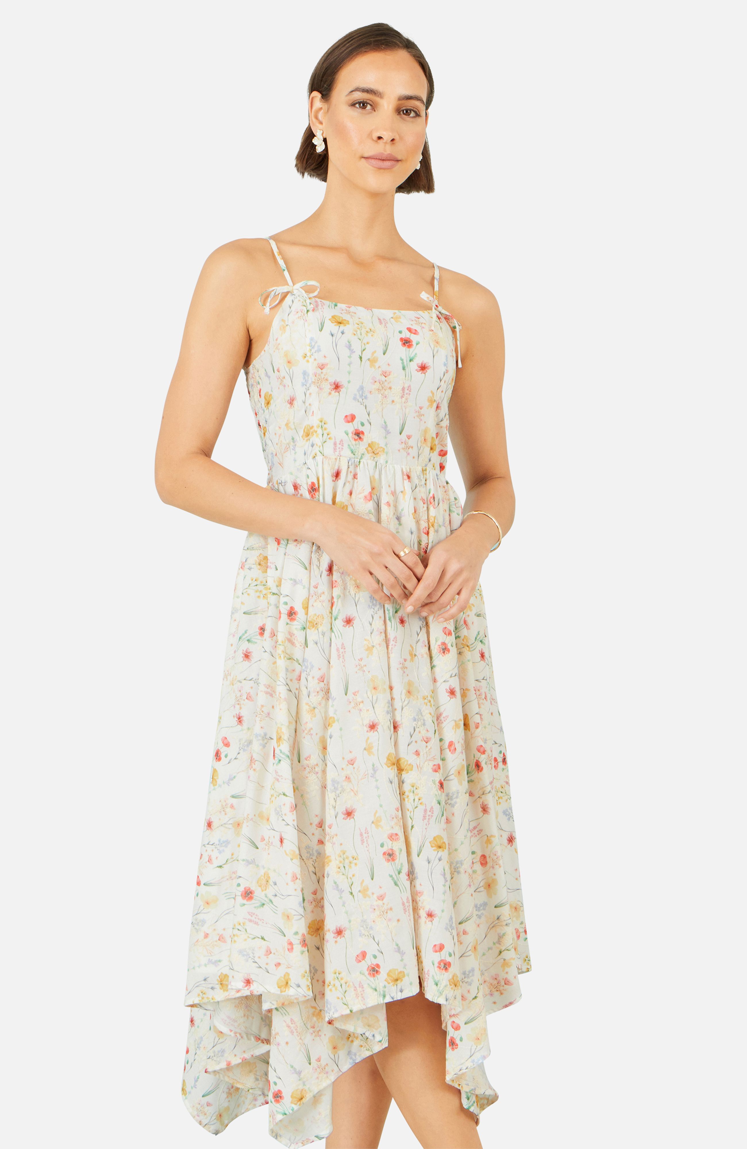 Yumi White Botanical Embroidery Fabric Handkerchief Hem Dress