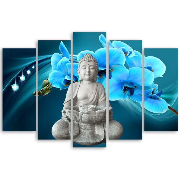 Feeby Obraz 5cz na płótnie Buddha Orchidea Turkusowy