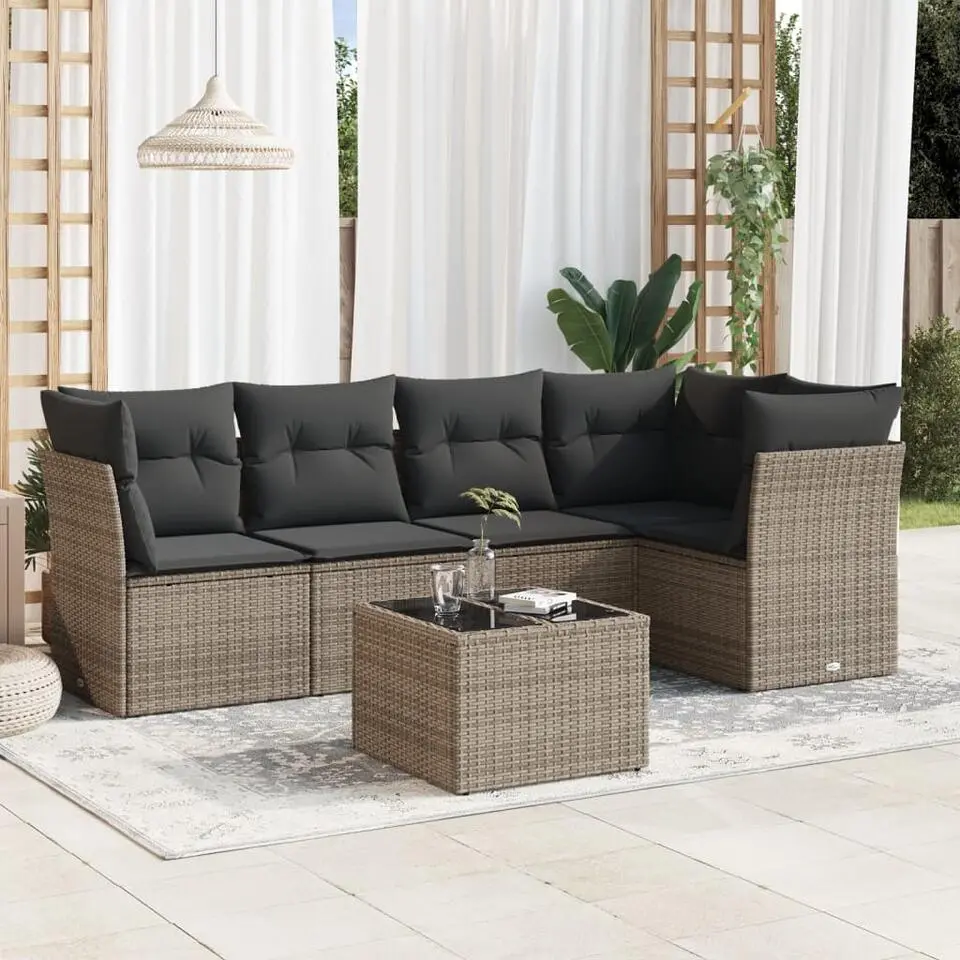 vidaXL Loungeset met 8 kussens en tuintafel - Grijs - Poly Rattan - 5 stuks