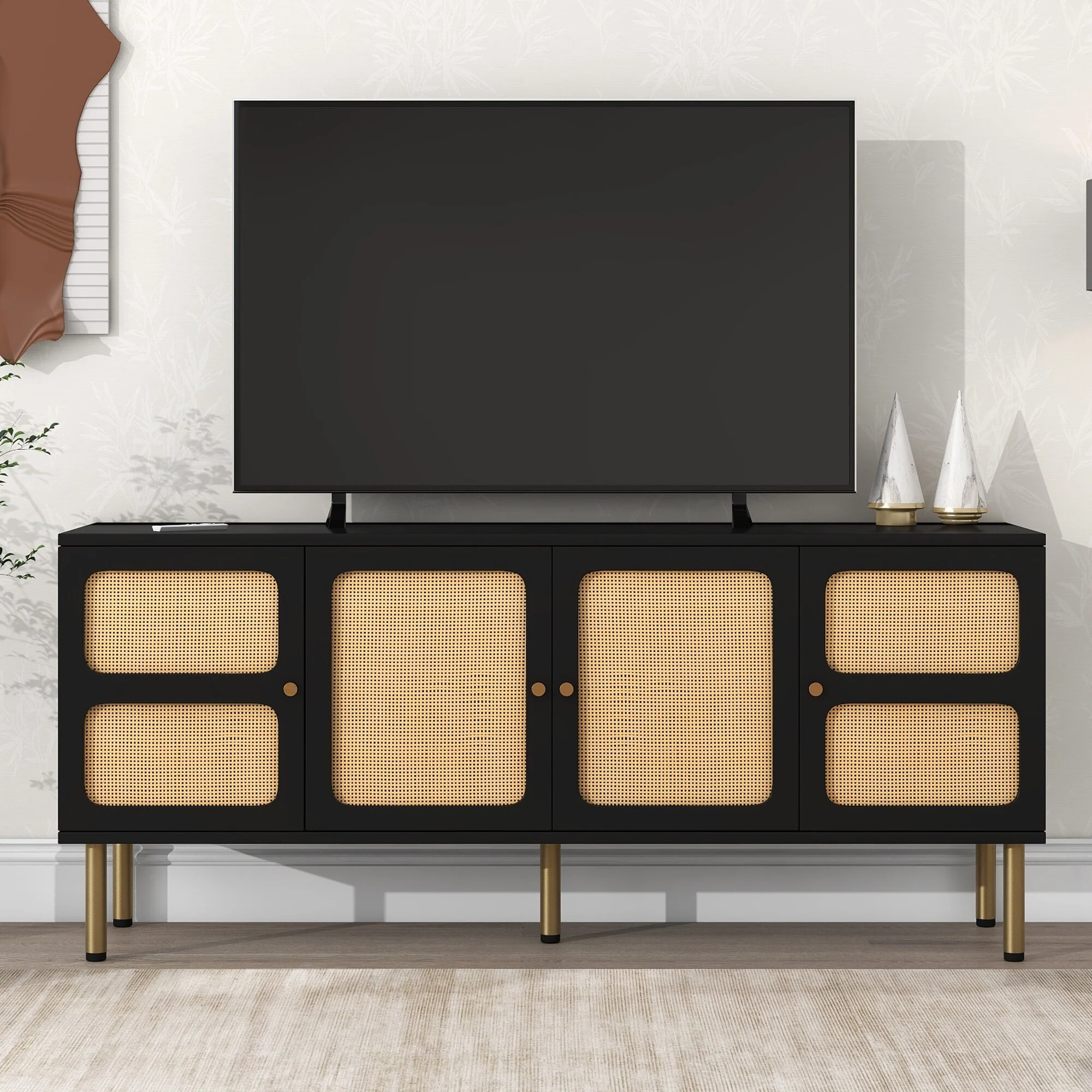 64.9 TV Stand with Rattan Door, 2 Small Cabinets and Big Middle Cabinetand for TVs Up to 70