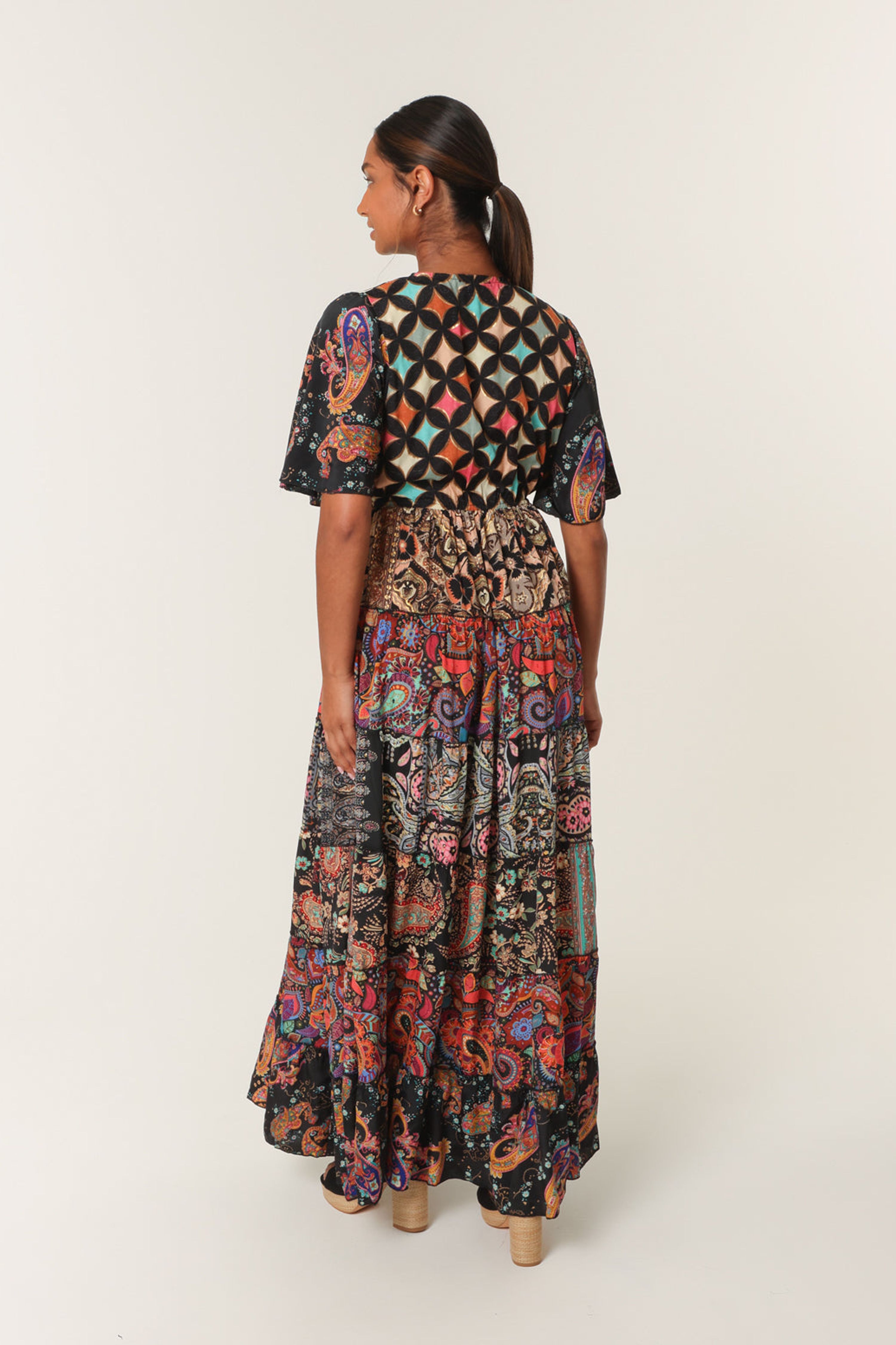 Blue Vanilla Black Angel Sleeve Button Front Maxi Dress