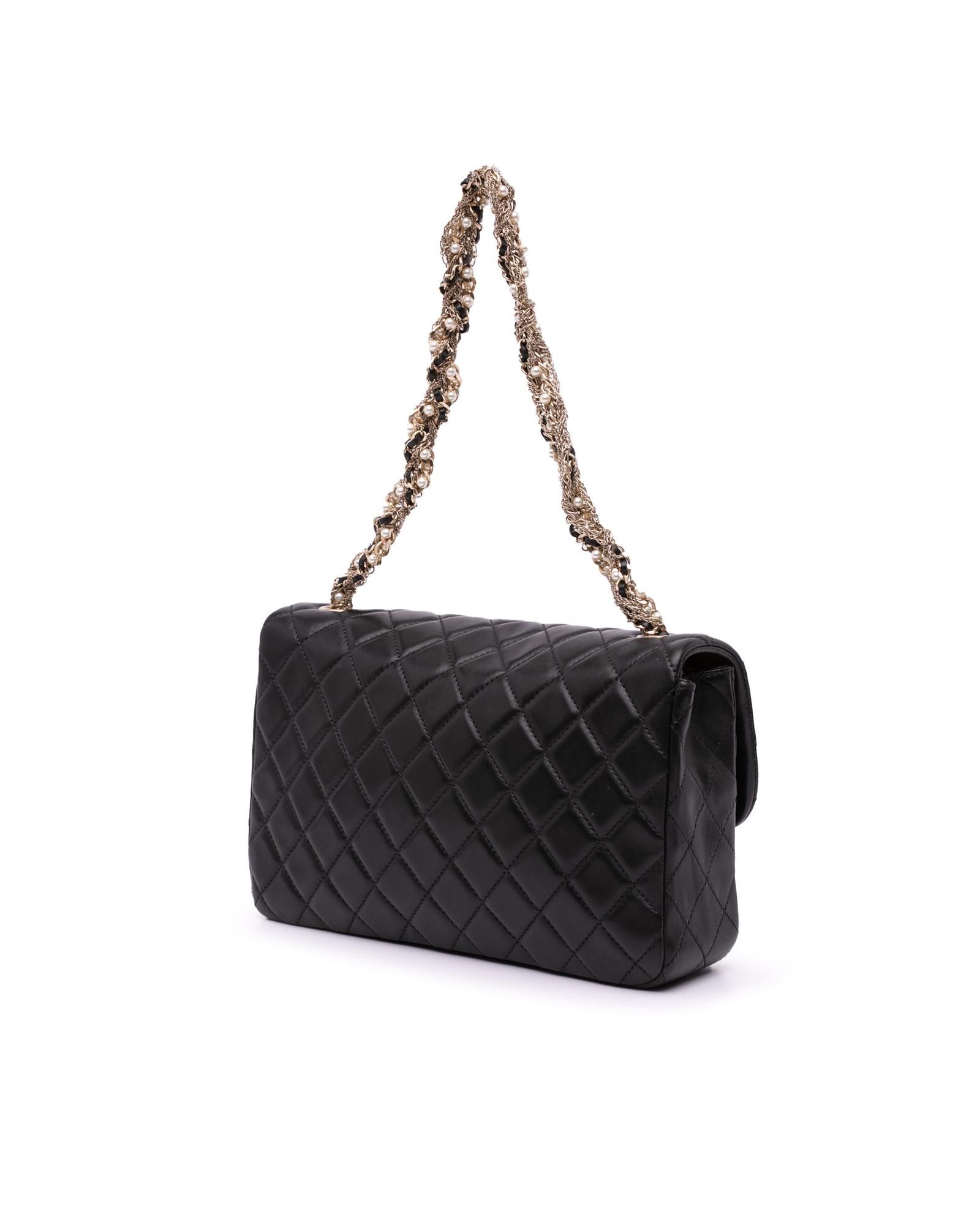 Chanel Preloved Classic Flap Bag Medium Pearl Chain Wo - Black Shoulder