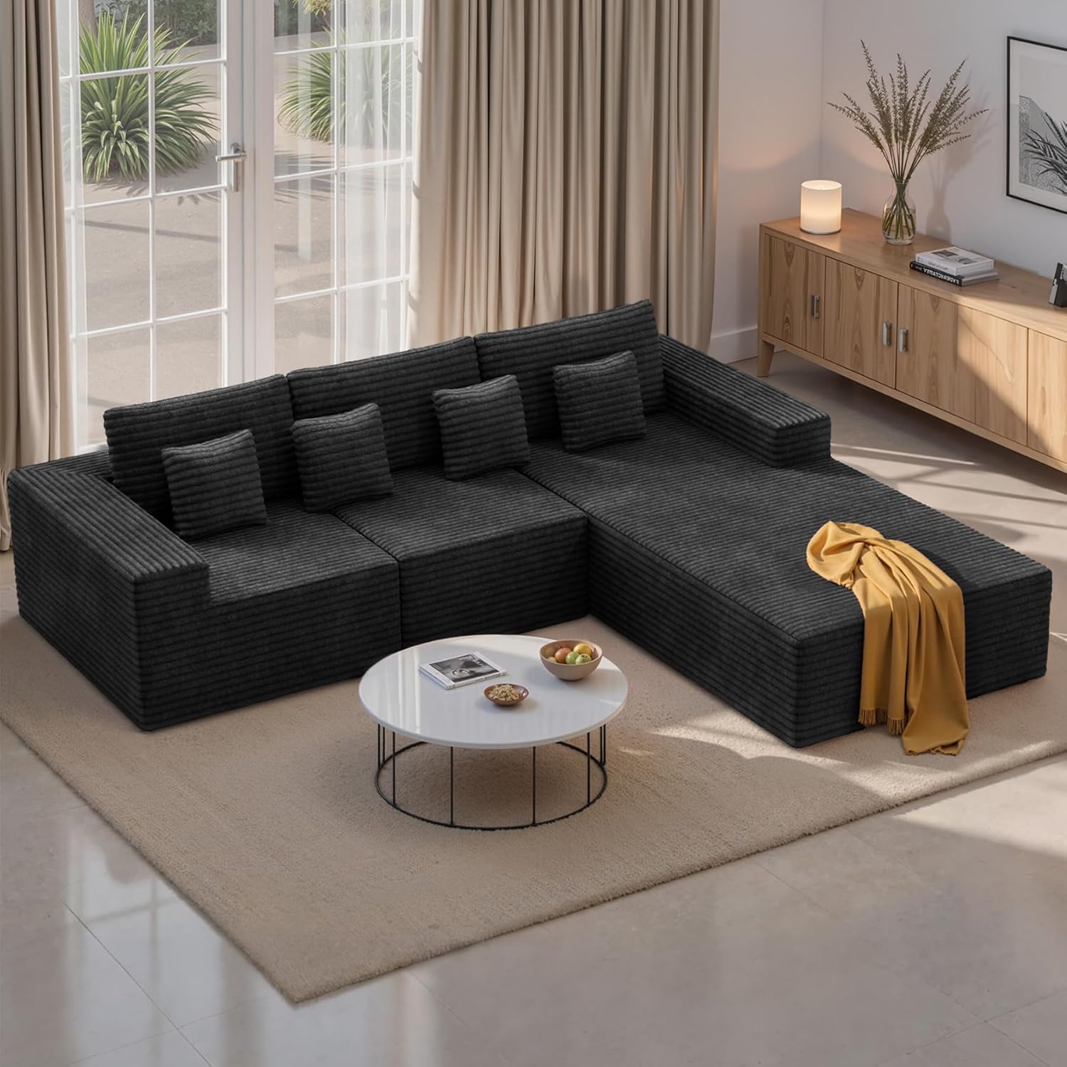 111‘’ Modular Sectional Cloud Couches with L Shaped Chaise, Upholstered Deep Seat Boneless Sofa for Living Room, Bedroom, No Assembly Required-Black 1PCS(Corduroy Fabric)