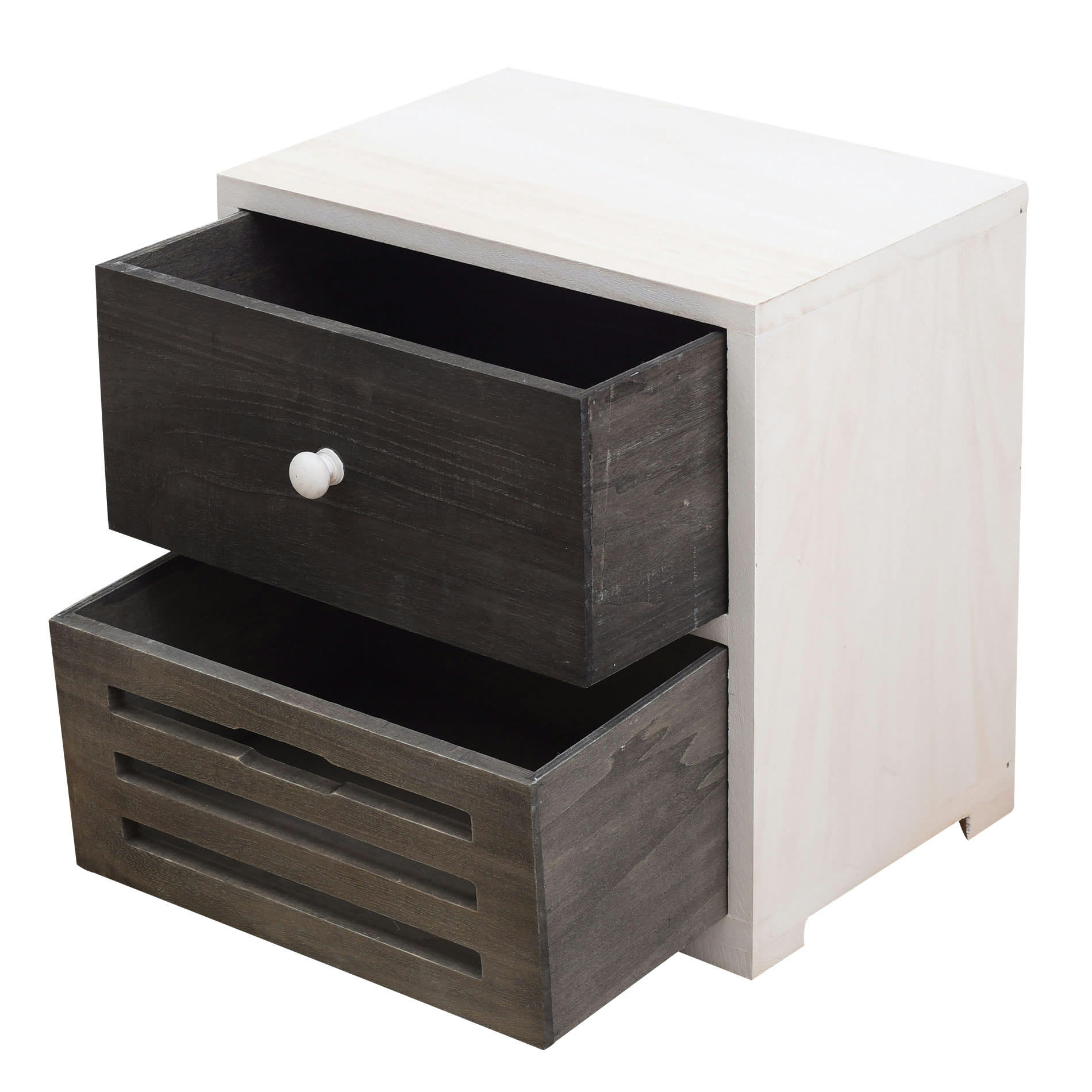 - Table de chevet sculpté avec 2 tiroirs en bois blanc et gris