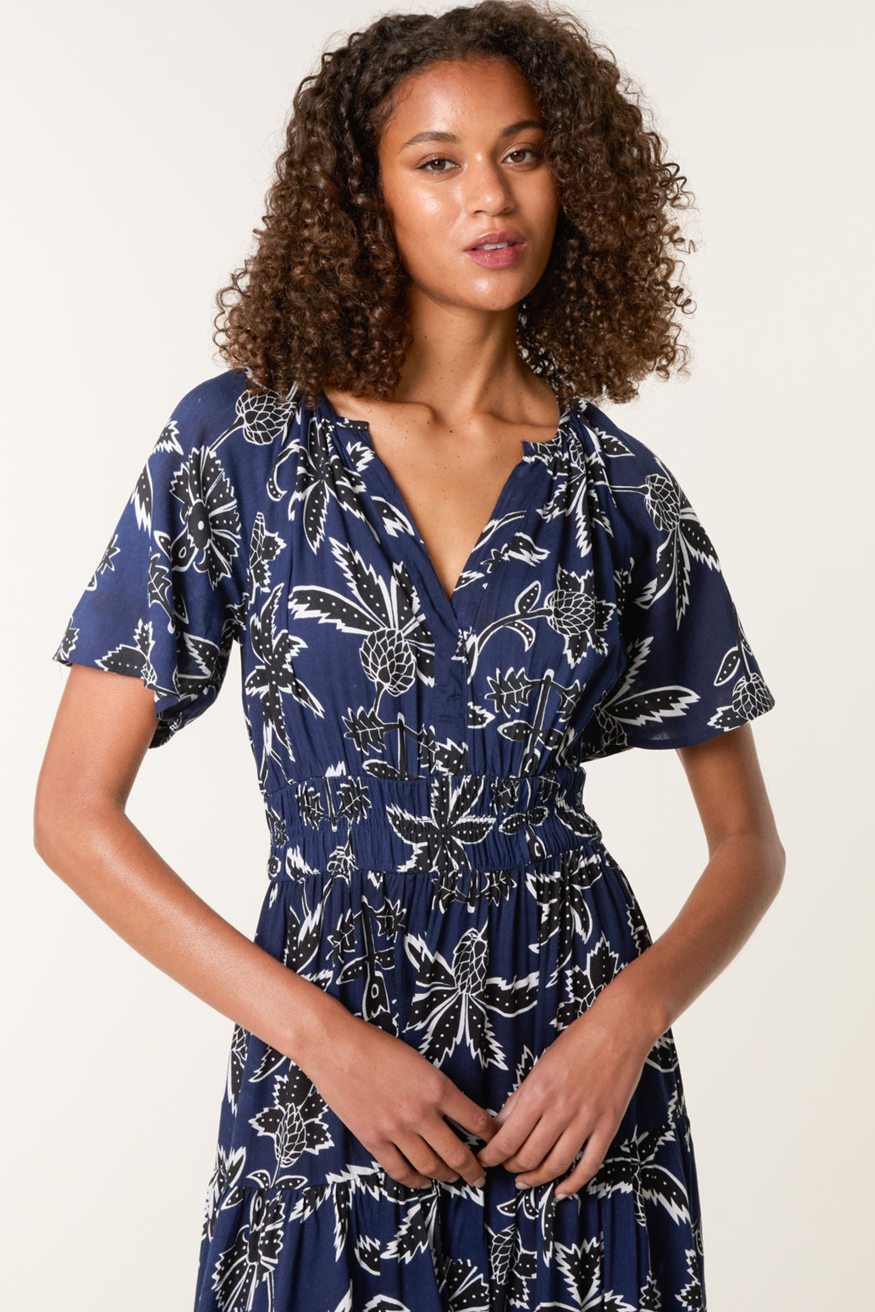 Blue Vanilla Navy Notch Neck Elastic Tropical Print Dress
