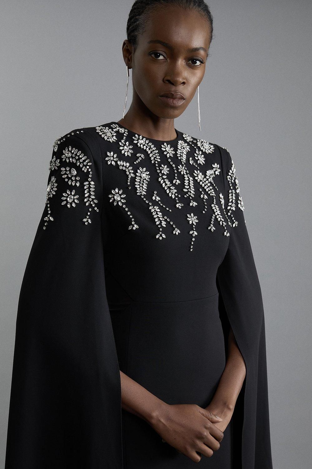 KarenMillen Compact Stretch Viscose Crystal Embellished Cape Maxi Dress
