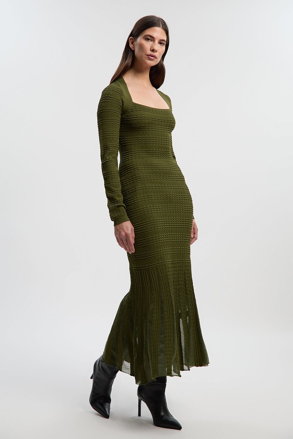 KarenMillen Pointelle Stitch Detail Sheer Panel Knit Midi Dress
