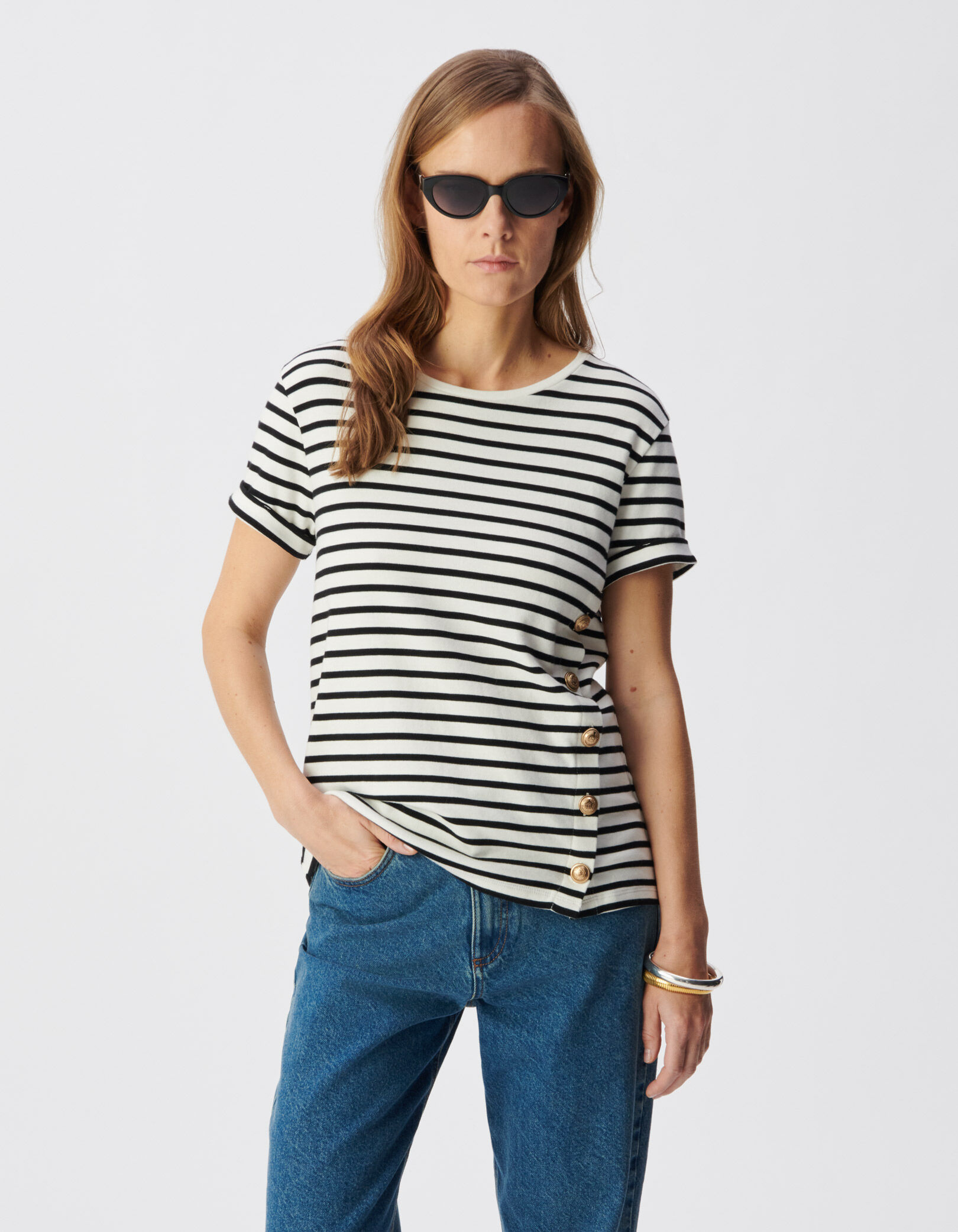 Tee-shirt marinière coton bio boutons devant Femme