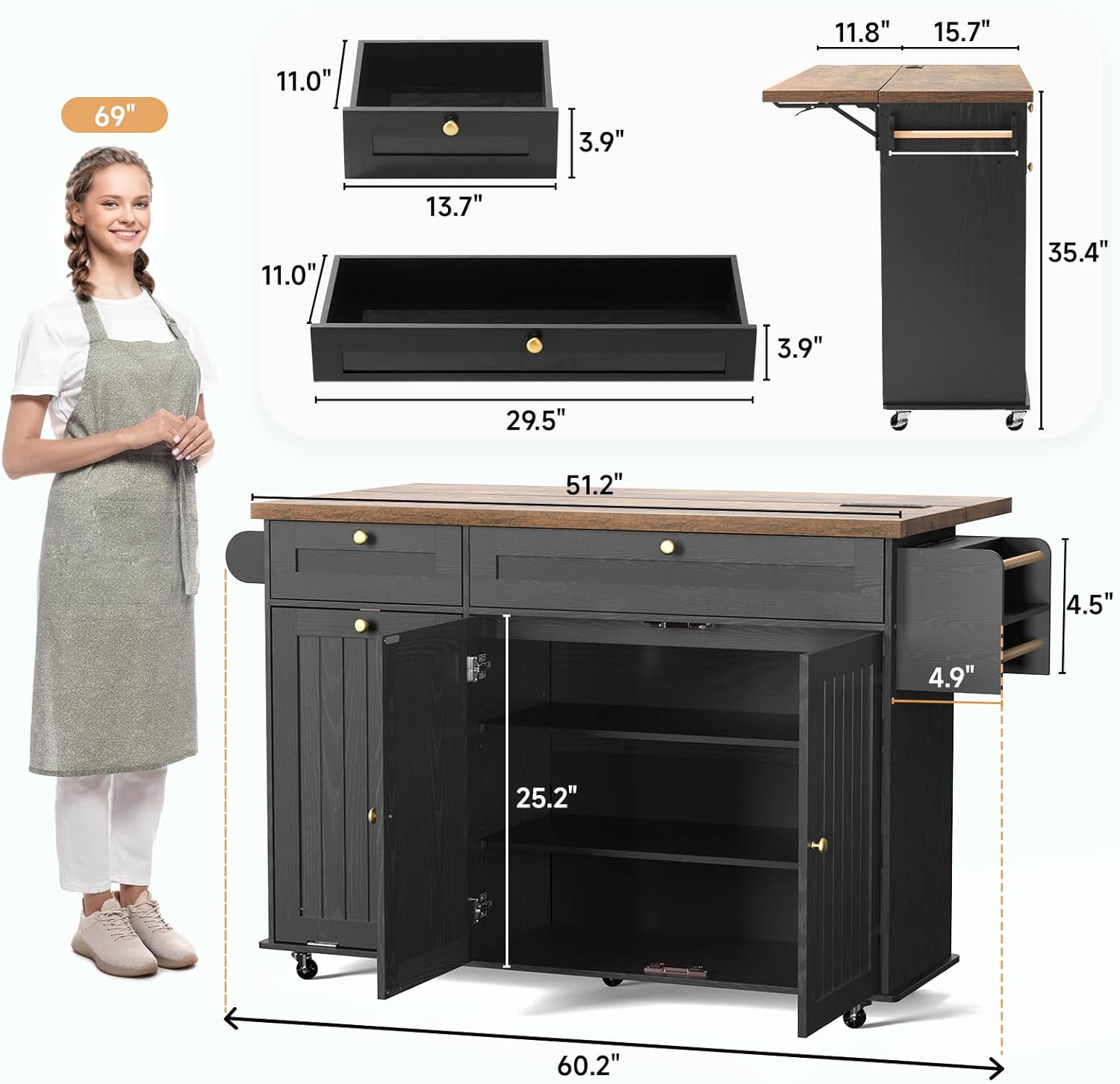 60 Kitchen Island with Power Outlet & Drop Leaf, Kitchen Rolling Island with Spice Rack & Towel Rack, Knife Holder, Kitchen Island Cart with Trash Storage Cabinet, Mobile Island Table for Kitchen