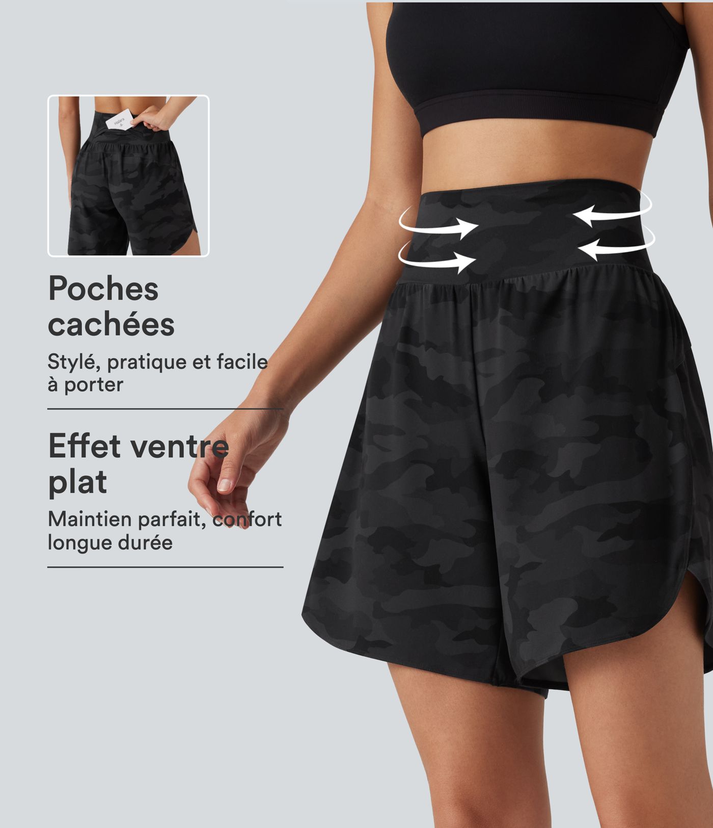 Short de running Halara UltraSculpt™ gainant taille haute imprimé camouflage avec ourlet arrondi et poche - 18 cm