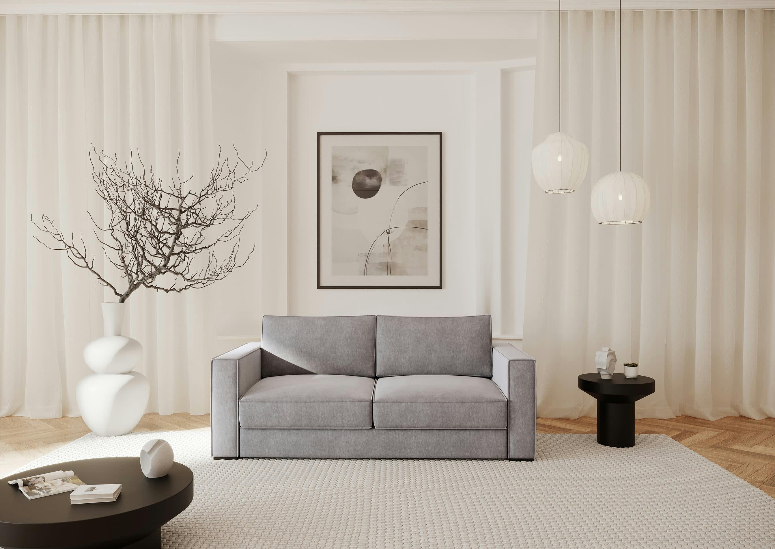 LEXY - Canapé convertible matelas velours gris clair 160cm