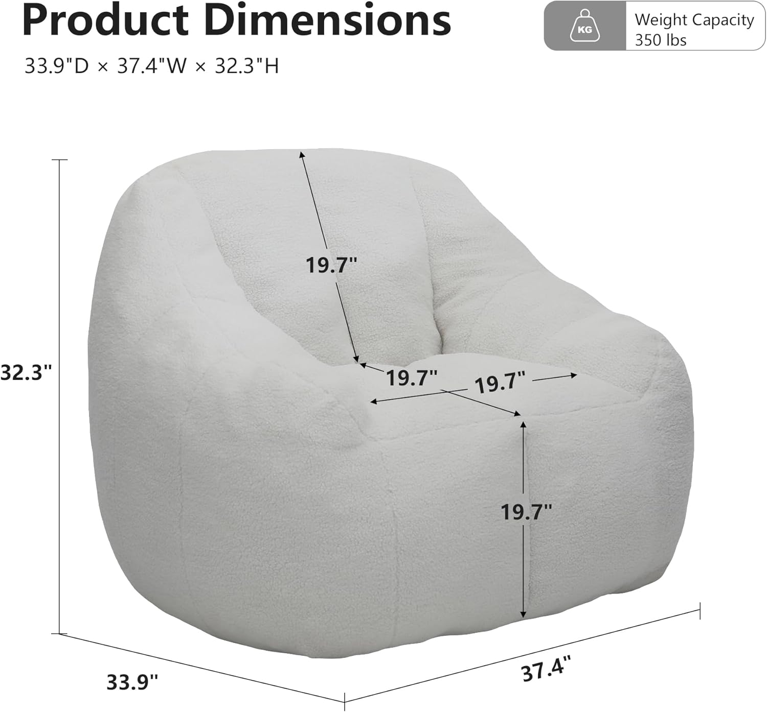 MINCETA Bean Bag Chair for Adults, Comfy Bean Bag Sofa with Armrest, White BeanBag Chair with Back Support for Living Room, Bedroom