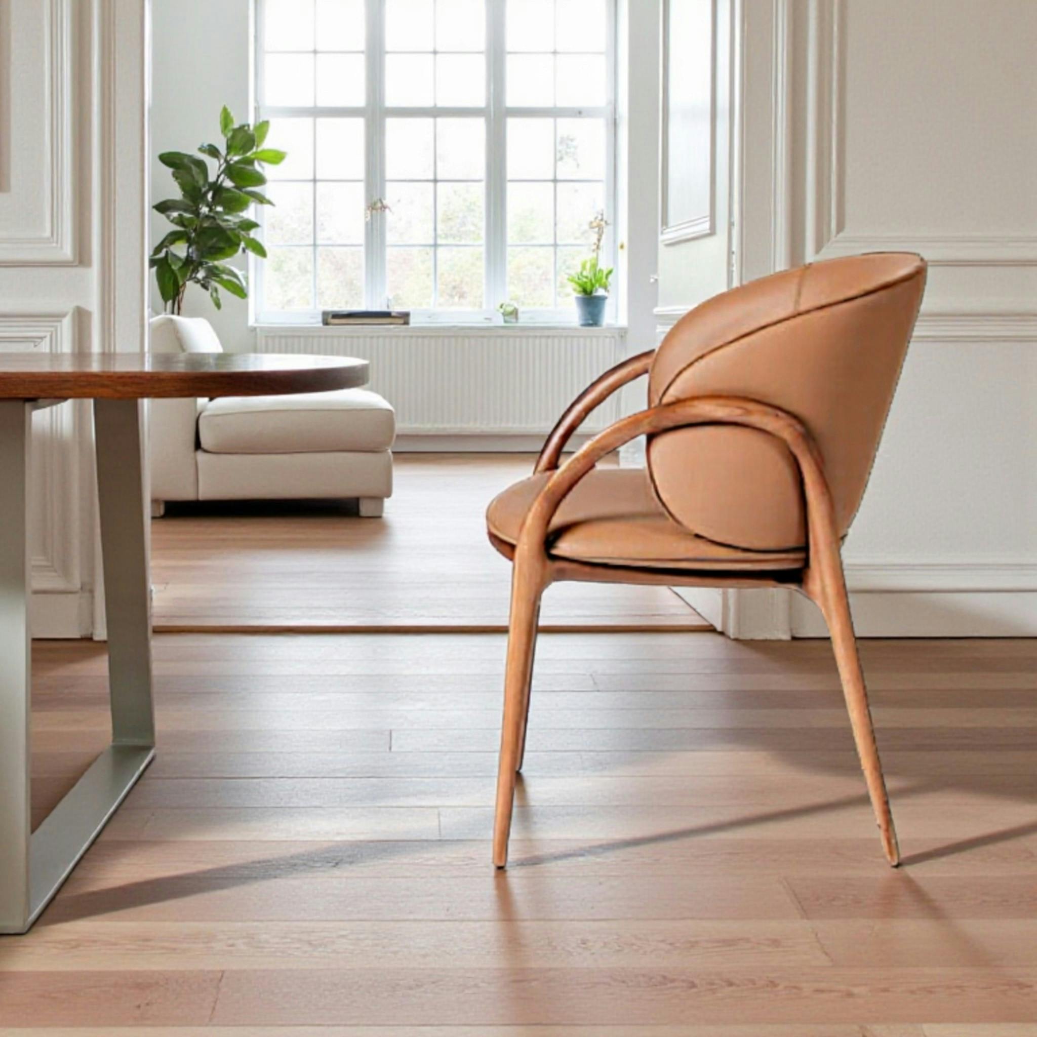 Chaise en cuir marron dos rond accoudoirs bois brun ALDER