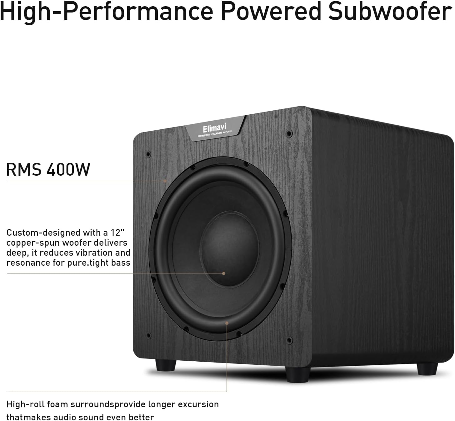 Elimavi 12 Powered Subwoofer Home Audio - 400W Deep Bass for Home Theater - Copper Driver, MDF Enclosure w/Aluminum Radiator - Ideal for Home Surround Sound Systems