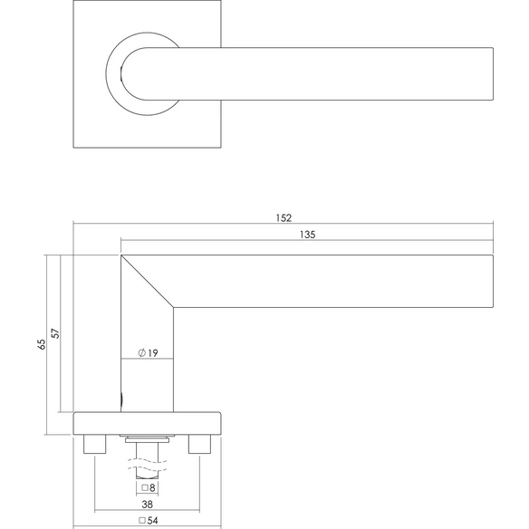 Türdrücker, 53x53x8 mm PZ-Rosetten Recht 90 Grad