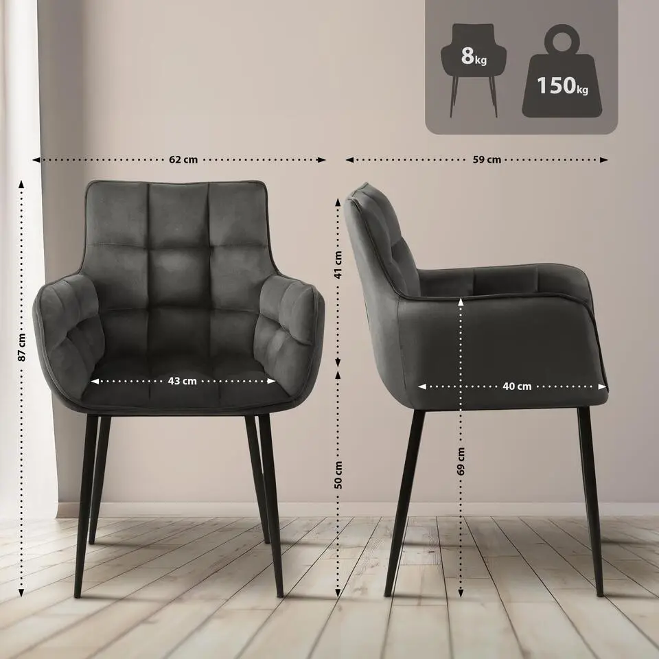 CLP Set van 2 Eetkamerstoel Tirana zwart Frame - Fluweel - antraciet