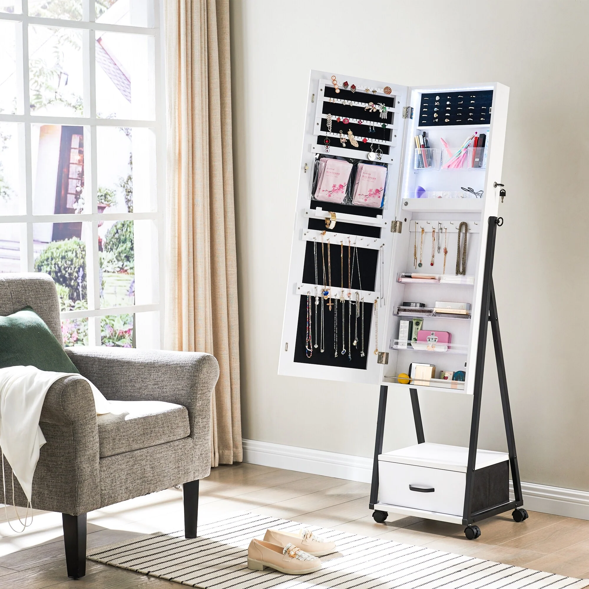 Sicotas Jewelry Cabinet Floor Standing, High Full-Length Mirror - N/A