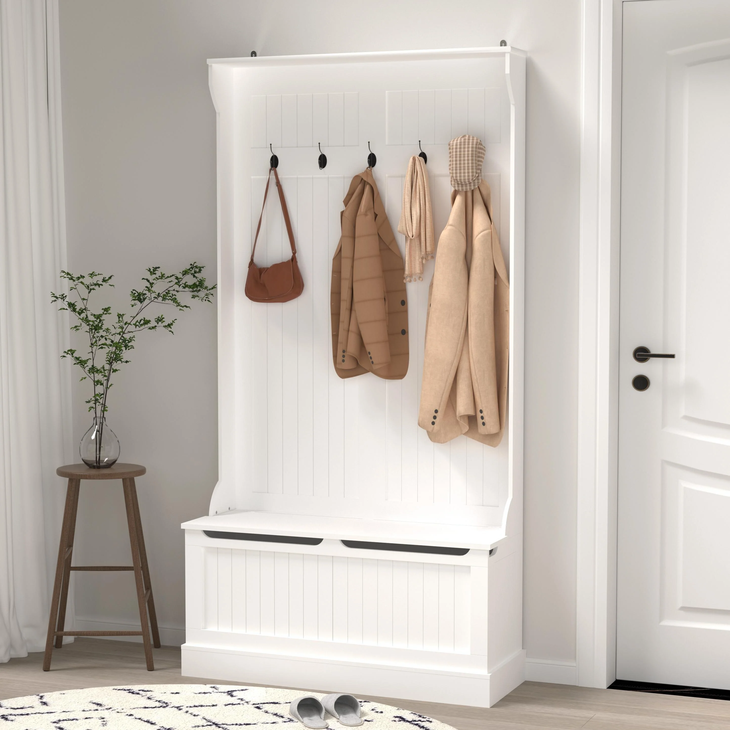 Entryway Bench with 5-Hook Coat Rack & Shoe Storage