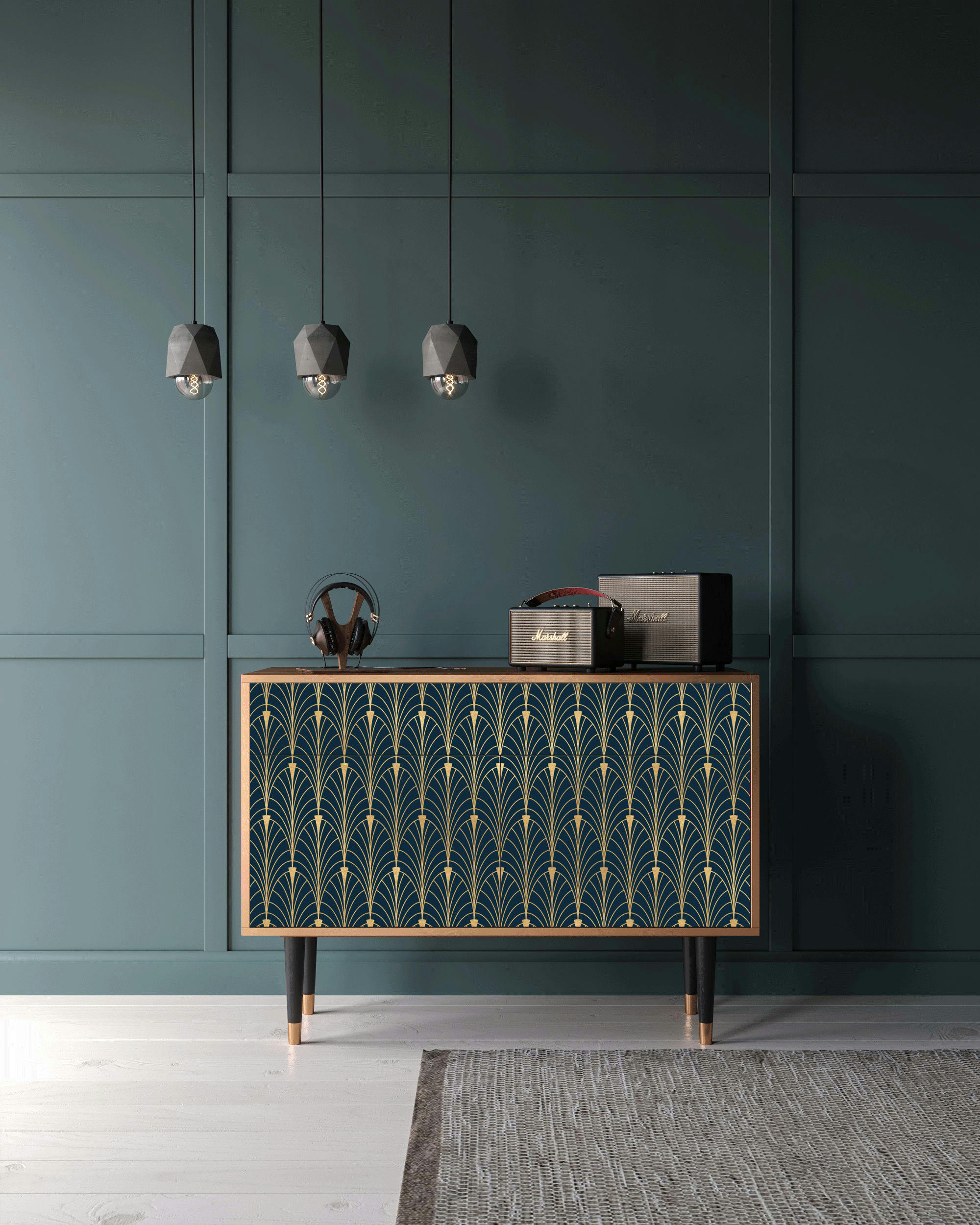 FLOWER OF THE NILE - Buffet  bleu et jaune 2 tiroirs et 2 portes L 115 cm