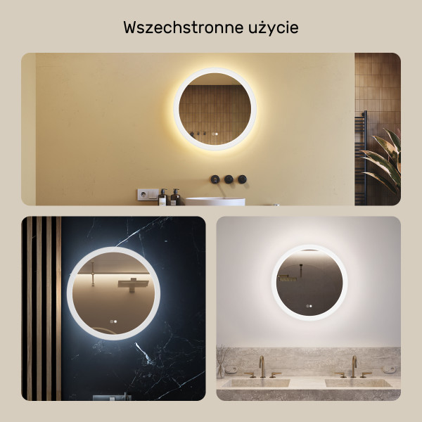 Lustro okragle LED łazienkowe, 60cm z matą, dotykiem, dual led
