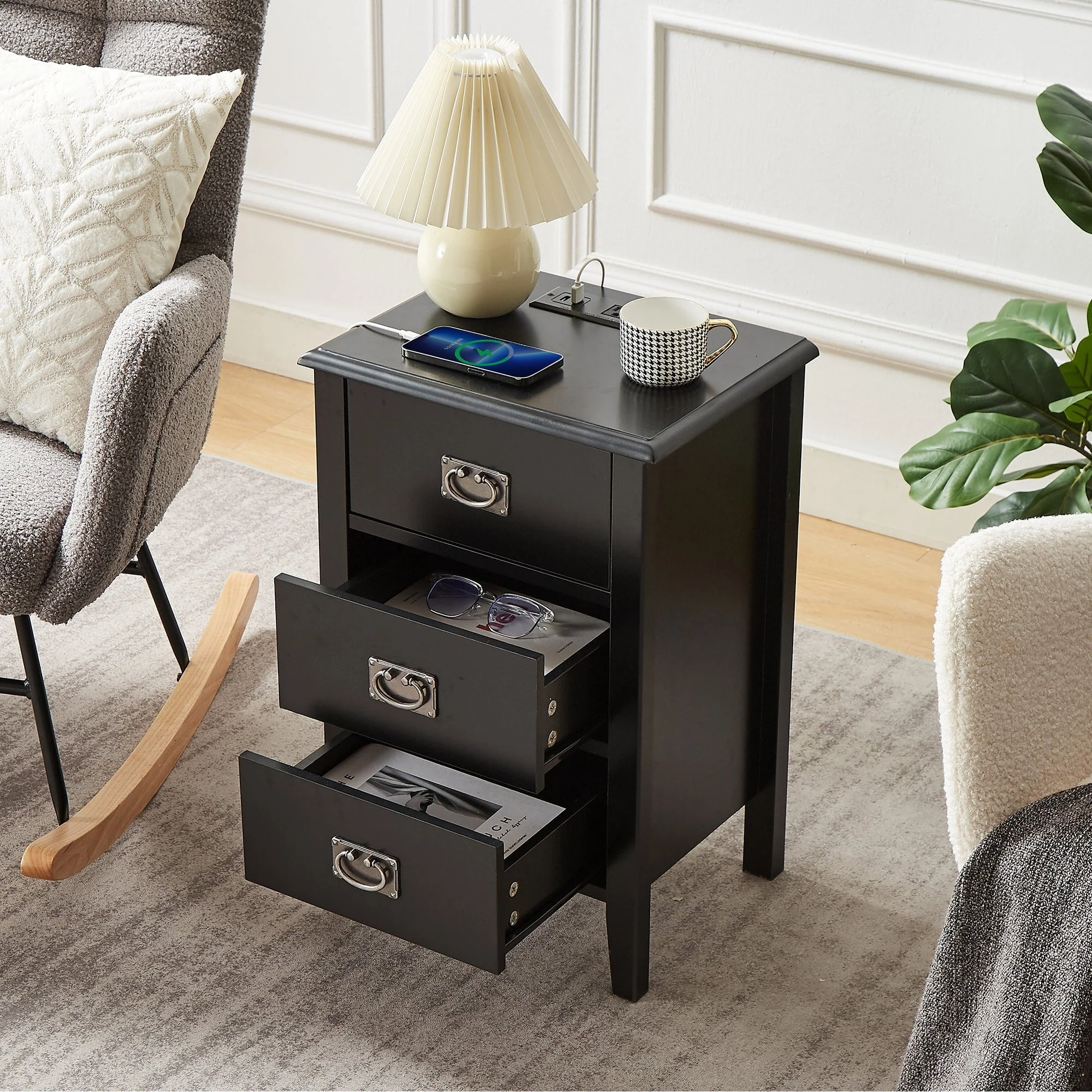 VECELO Mid Century Modern Nightstand with Charging Station and USB Port, Set of 2 Nightstands